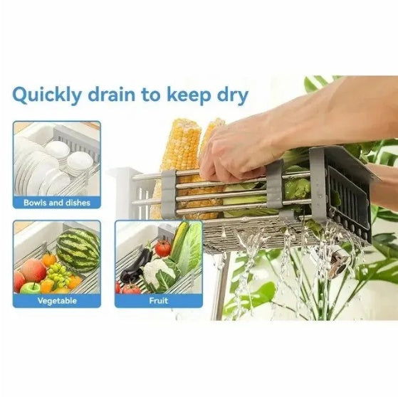 Adjustable Immersion Sink Dish Drying Rack With Stainless Steel Drain Basket - Portable And Retractable Space-Saving Fruit And Vegetable Solution